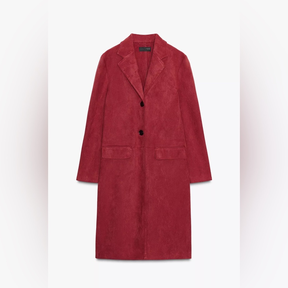 New Zara faux suede tail coat in dark red - small